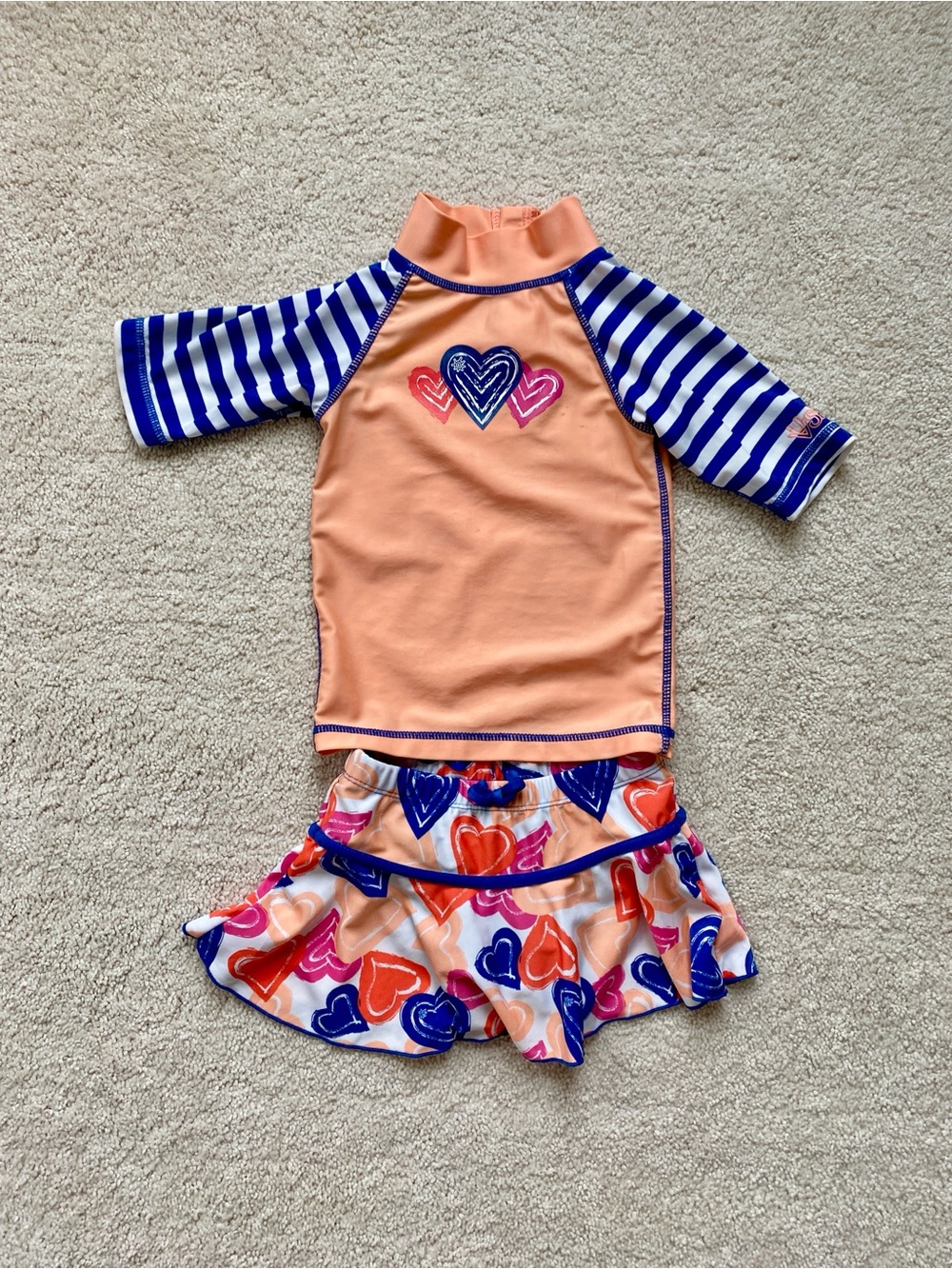 Peach & Blue Hearts Kids Rash Guard Set - Short Sleeve Swim Top and Skirt